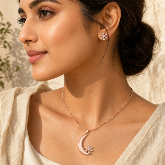 Aurgat Rose gold Flower And Moon Pendant Set - image 2