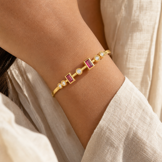 Aurgat 18K Gold plated Bangle Bracelet With Red and Clear Zirconia