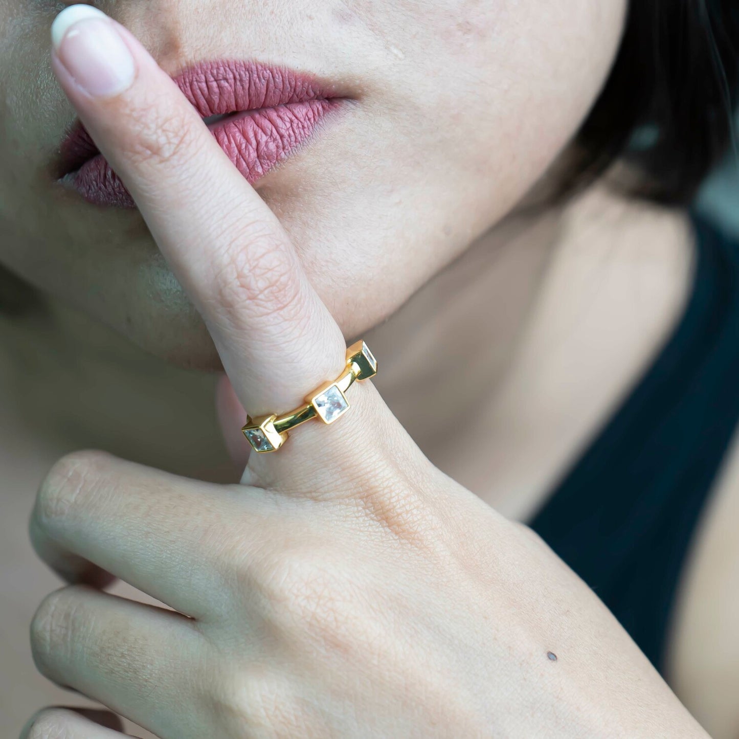 Aurgat Homestyled 18K Gold Plated Adjustable ring With Square Zirconia