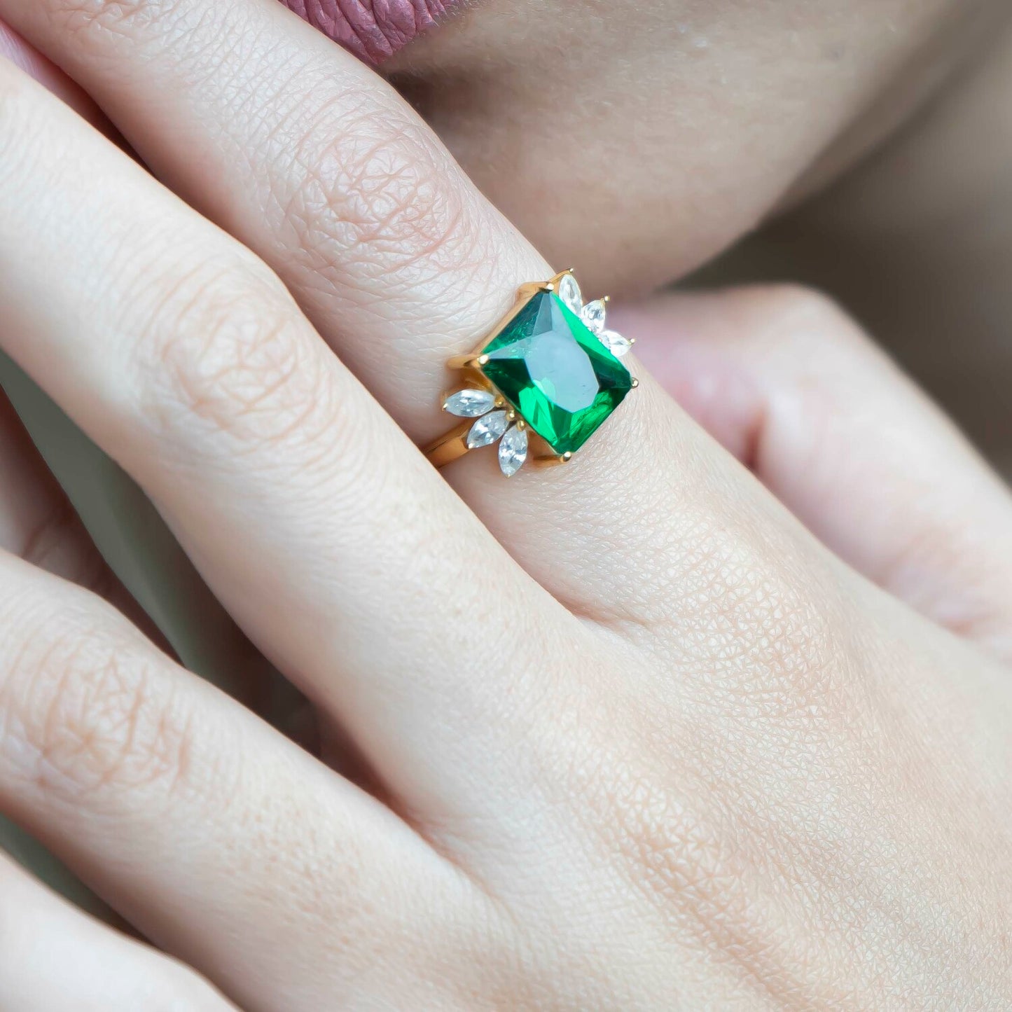 Aurgat Princessly 18K Gold Plated Adjustable Ring With Green Stone
