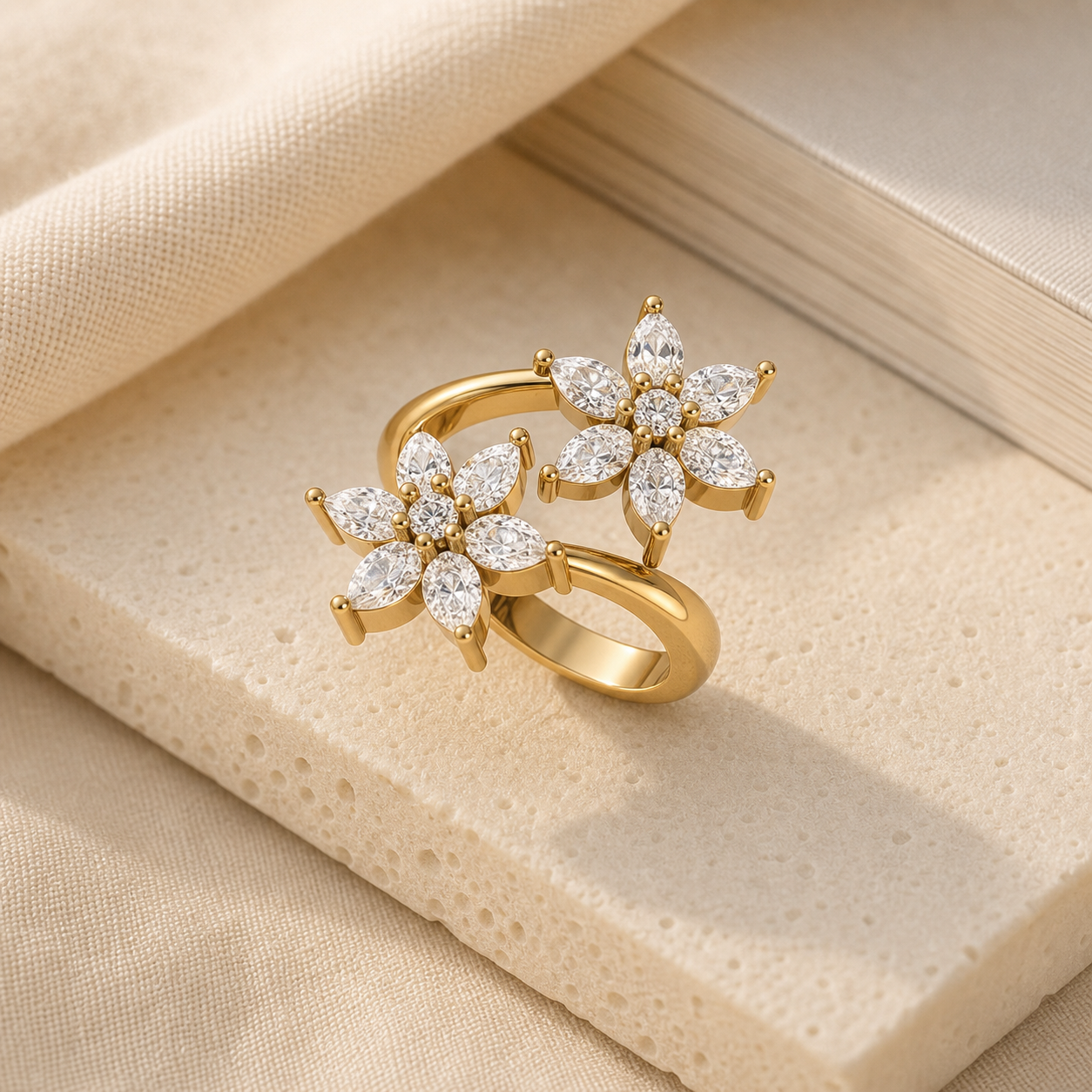 Aurgat Two Zirconia Flower 18K Gold Plated Adjustable Ring - image 1