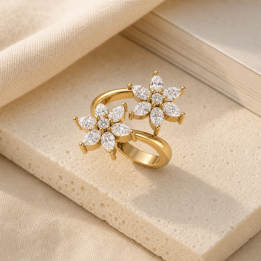 Aurgat Two Zirconia Flower 18K Gold Plated Adjustable Ring - image 1