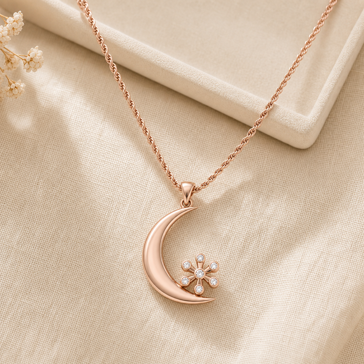 Aurgat Rose Gold Flower and Moon Pendant