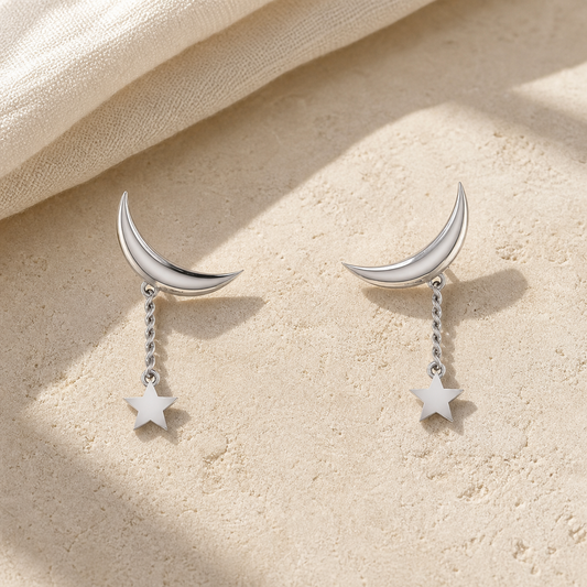Aurgat Moon and Stars Sterling Silver Earrings
