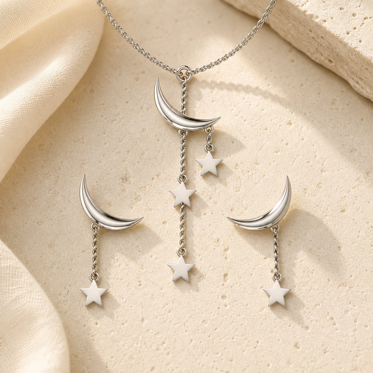Aurgat Moon And Stars Sterling Silver Pendant Set - image 1
