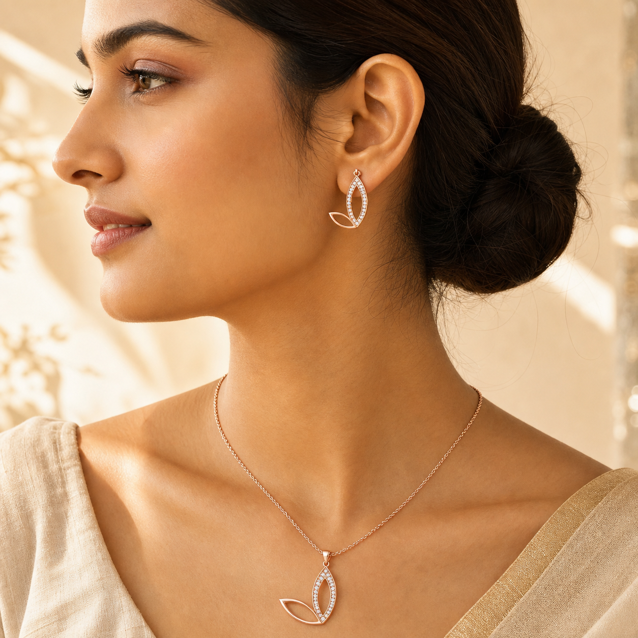 Aurgat Queenly Tea Leaf Drop Rose Gold Pendant Set - image 2