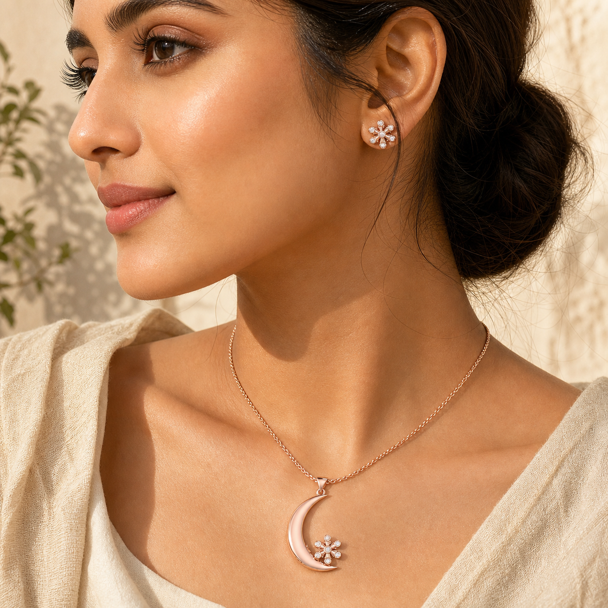 Aurgat Rose gold Flower And Moon Pendant Set - image 2