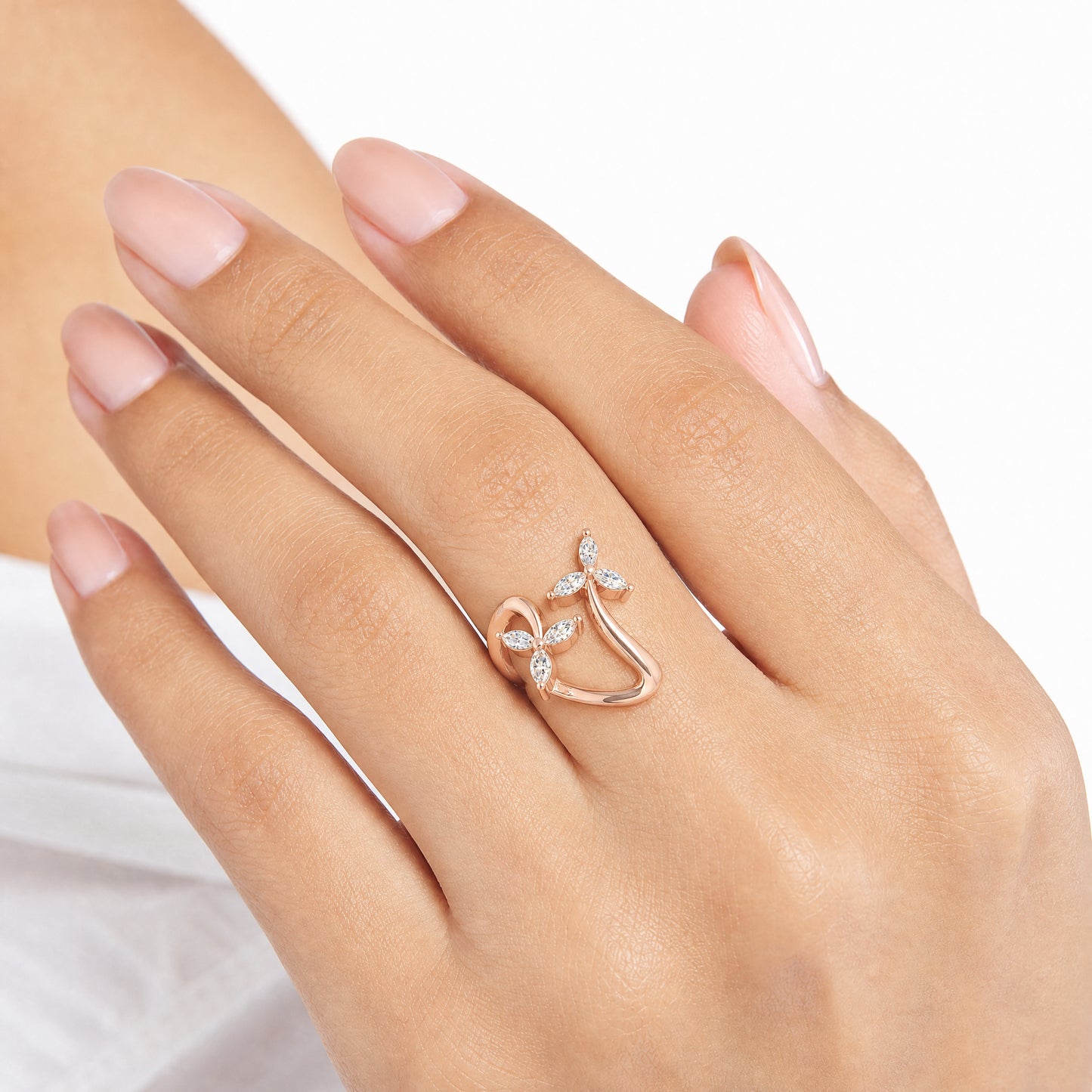 Aurgat Trillium Flower Zirconia Rose Gold Adjustable Ring