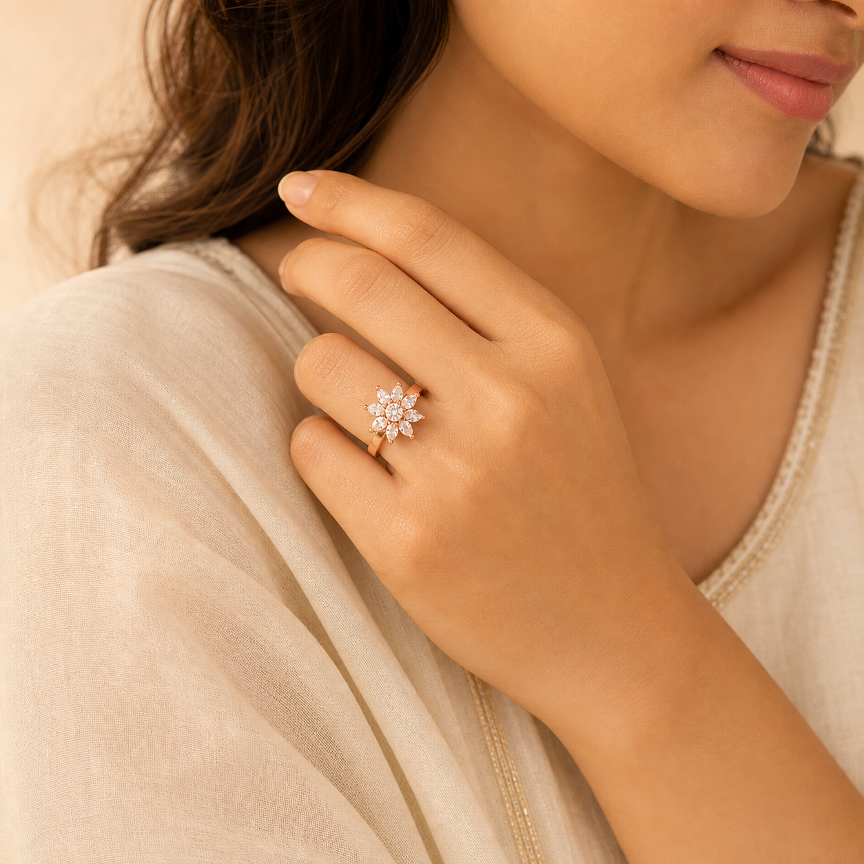 Aurgat Parijat Flower Rose Gold Adjustable Ring - image 2