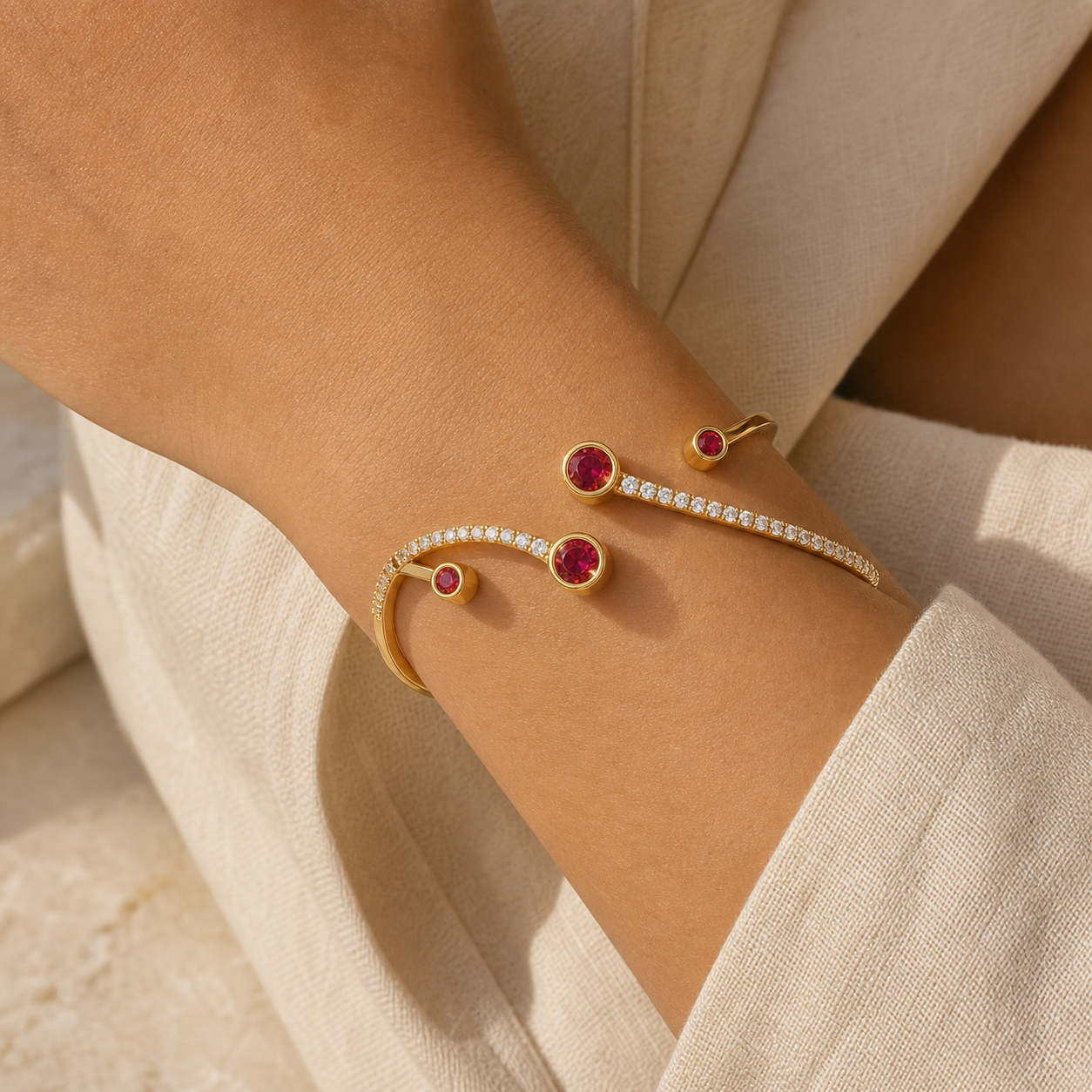 Aurgat 18K Gold Plated Cuff Bracelet With red and Clear Zirconia