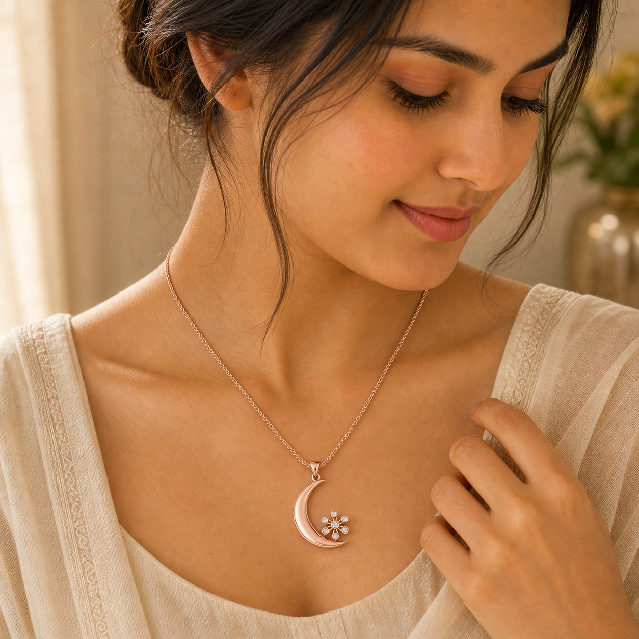 Aurgat Rose Gold Flower and Moon Pendant
