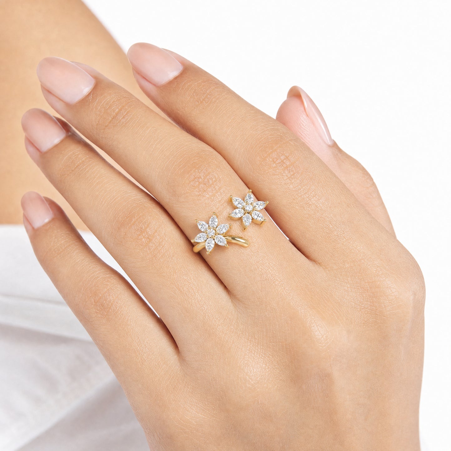 Aurgat Two Zirconia Flower 18K Gold Plated Adjustable Ring