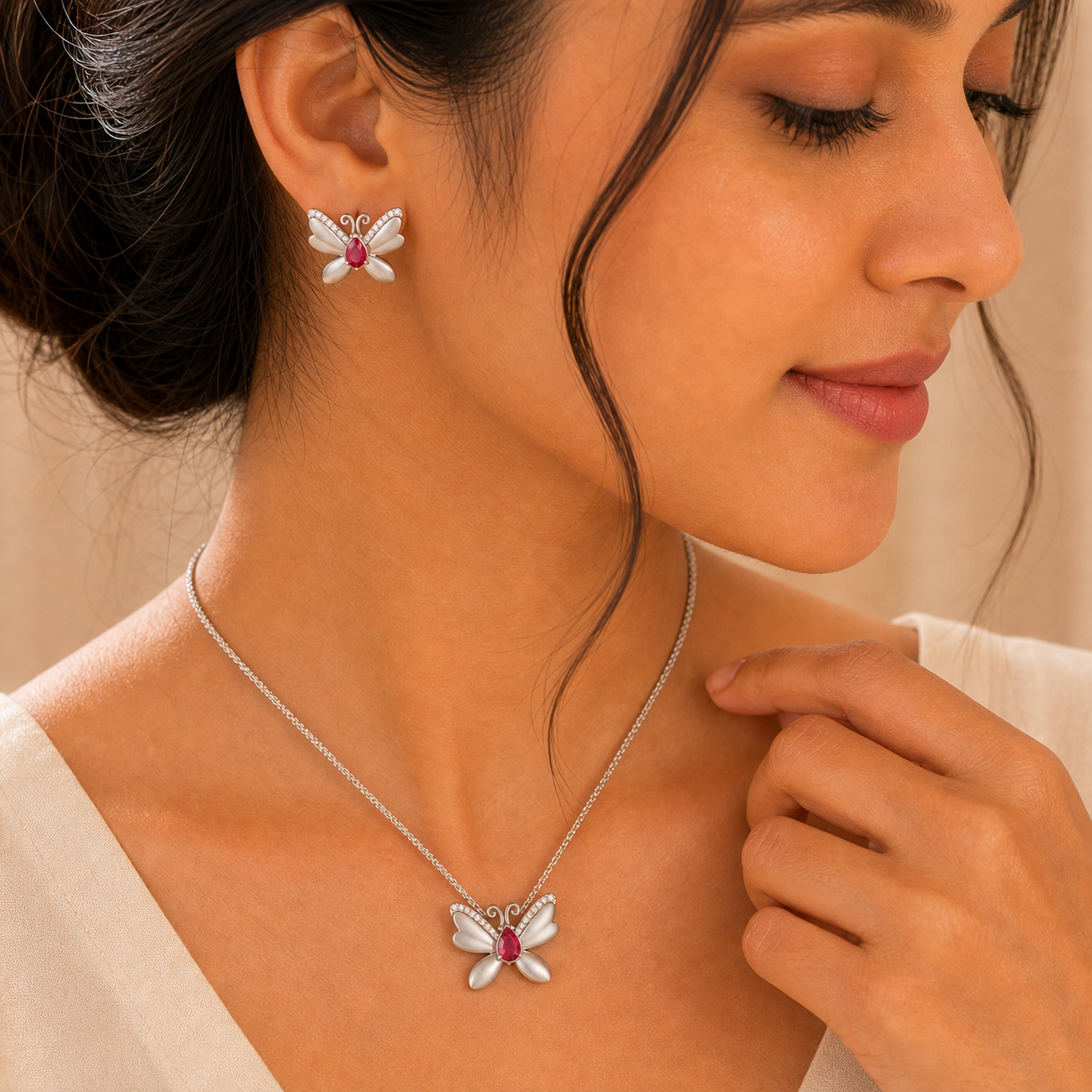 Aurgat Charming Red Butterfly Sterling Silver Pendant Set - image 3