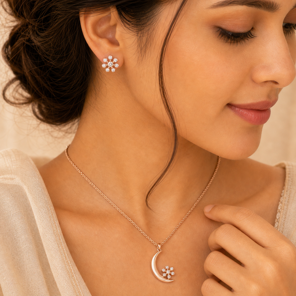 Aurgat Rose gold Flower And Moon Pendant Set - image 3