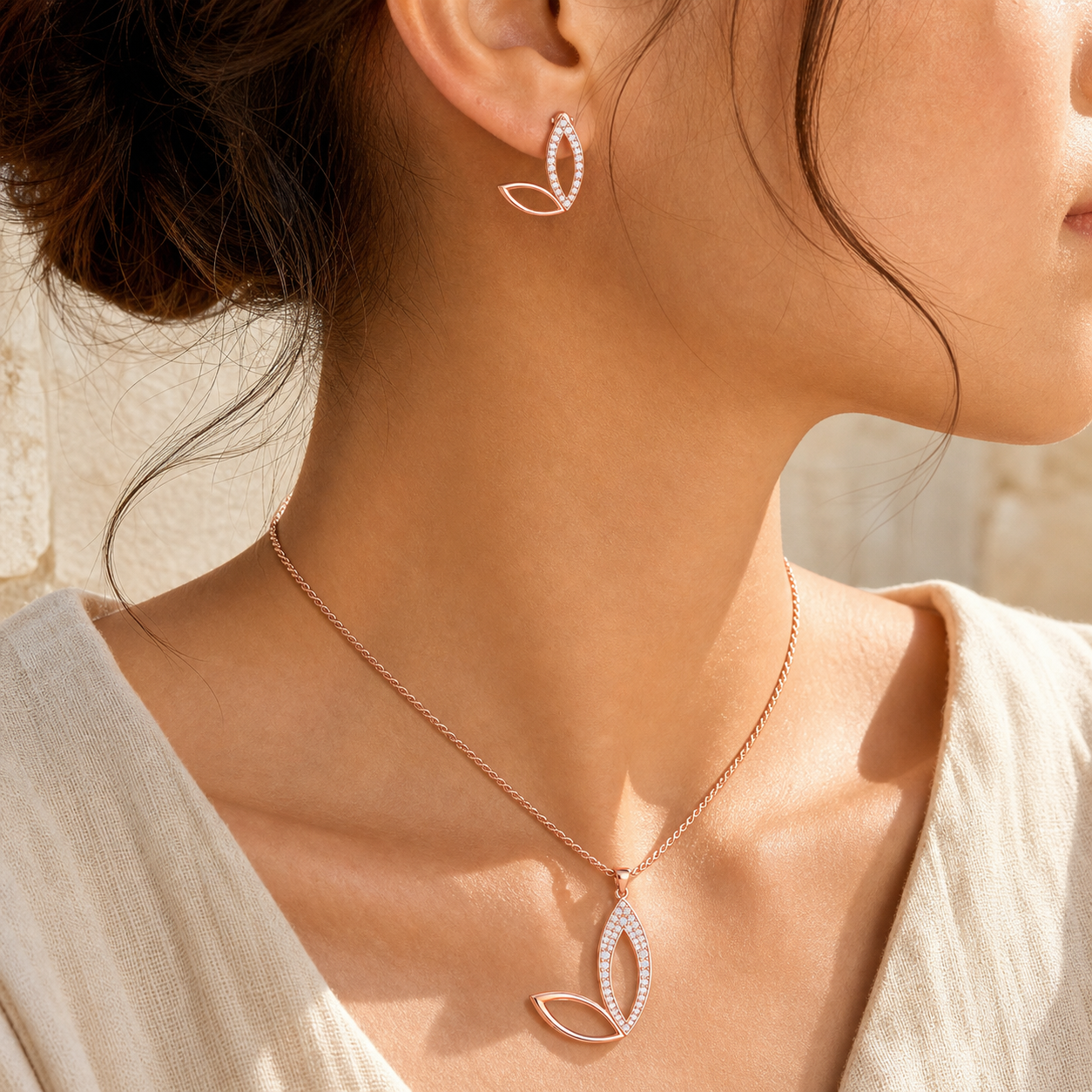 Aurgat Queenly Tea Leaf Drop Rose Gold Pendant Set - image 3