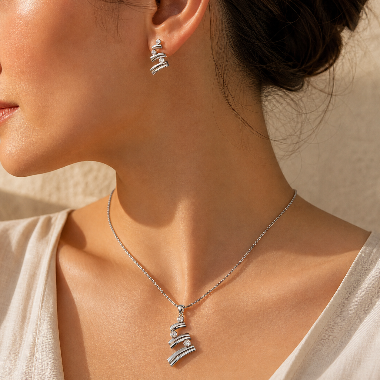 Aurgat Zircon Connected Layers  Sterling Silver Pendant Set - image 3
