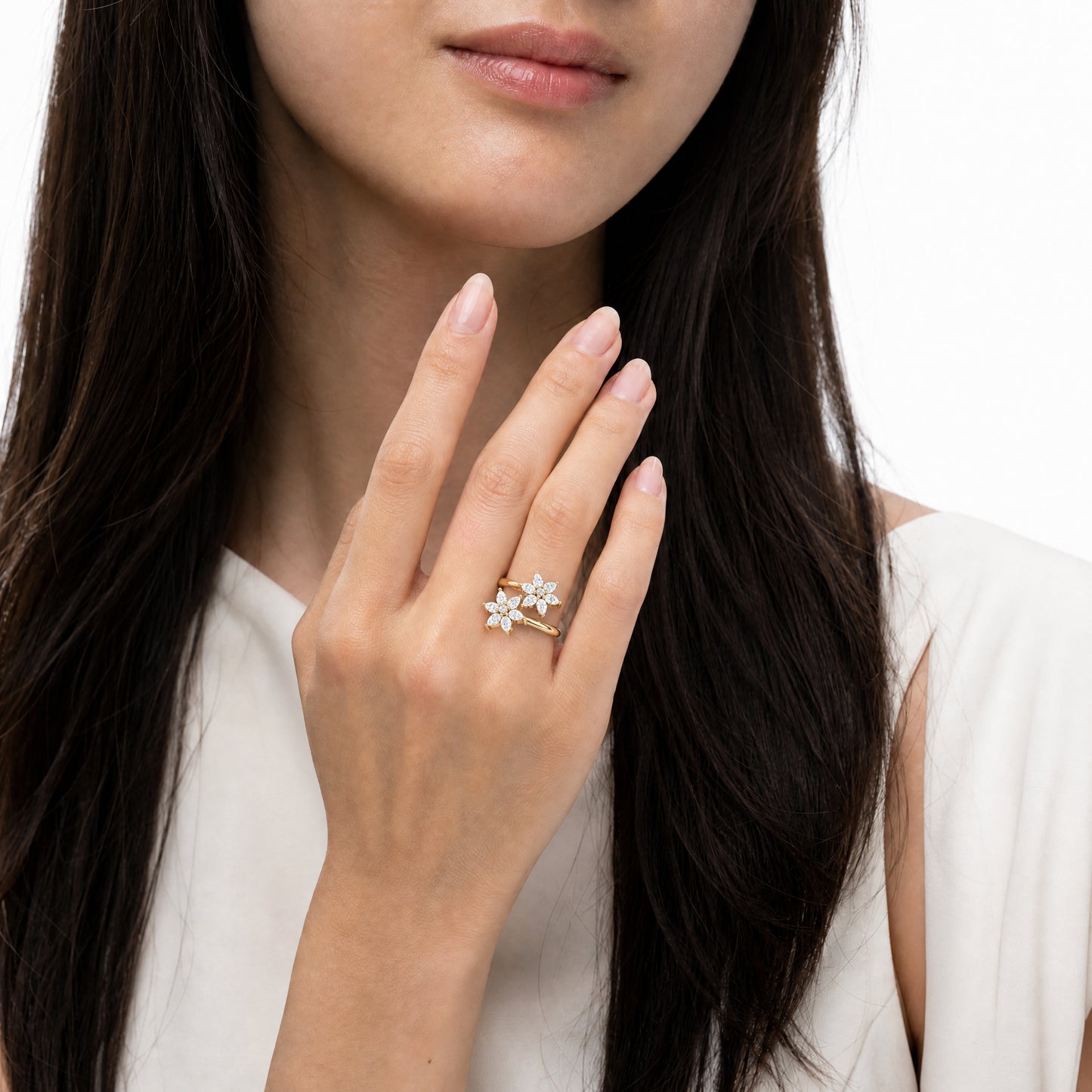 Aurgat Two Zirconia Flower 18K Gold Plated Adjustable Ring