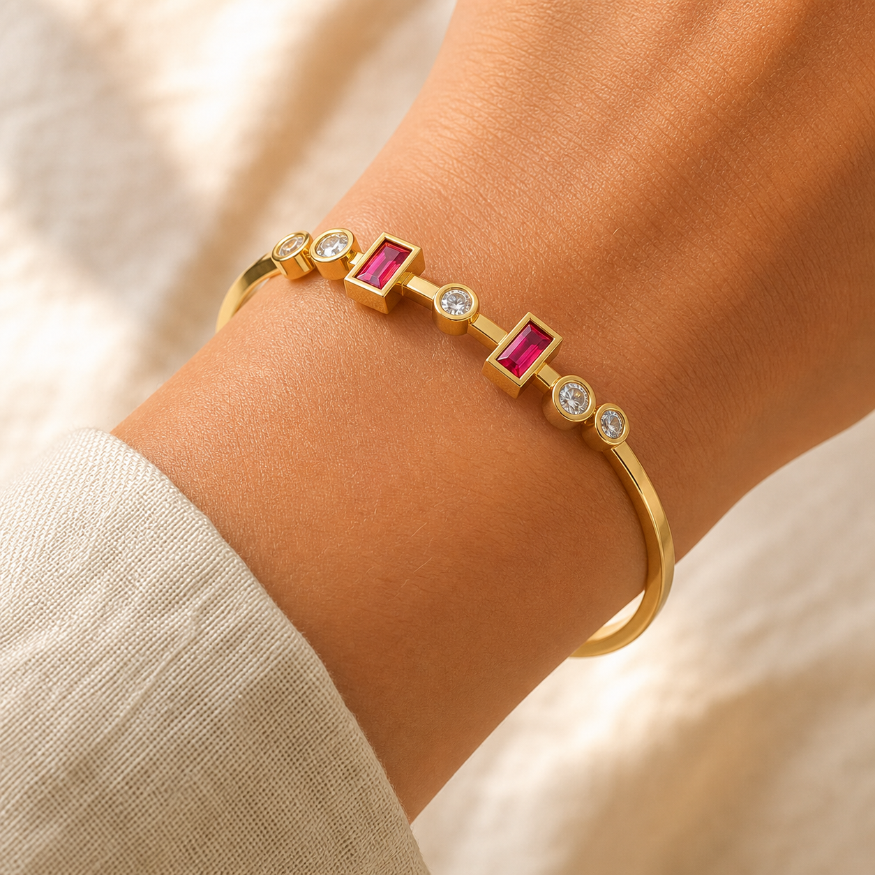 Aurgat 18K Gold plated Bangle Bracelet With Red and Clear Zirconia