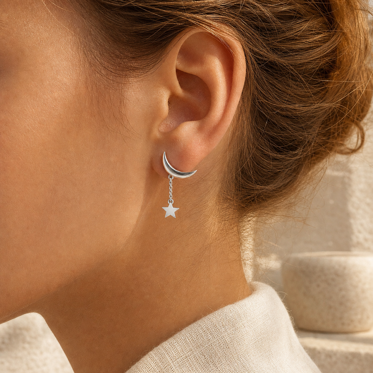 Aurgat Moon and Stars Sterling Silver Earrings