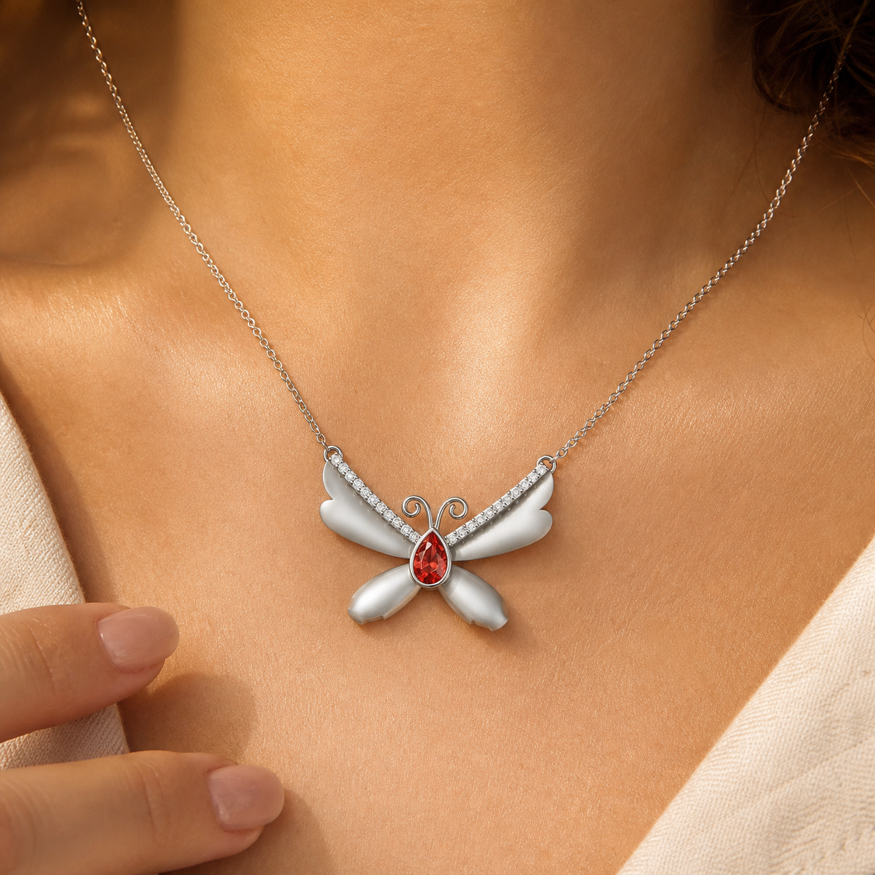 Aurgat Charming Red Butterfly Sterling Silver Pendant