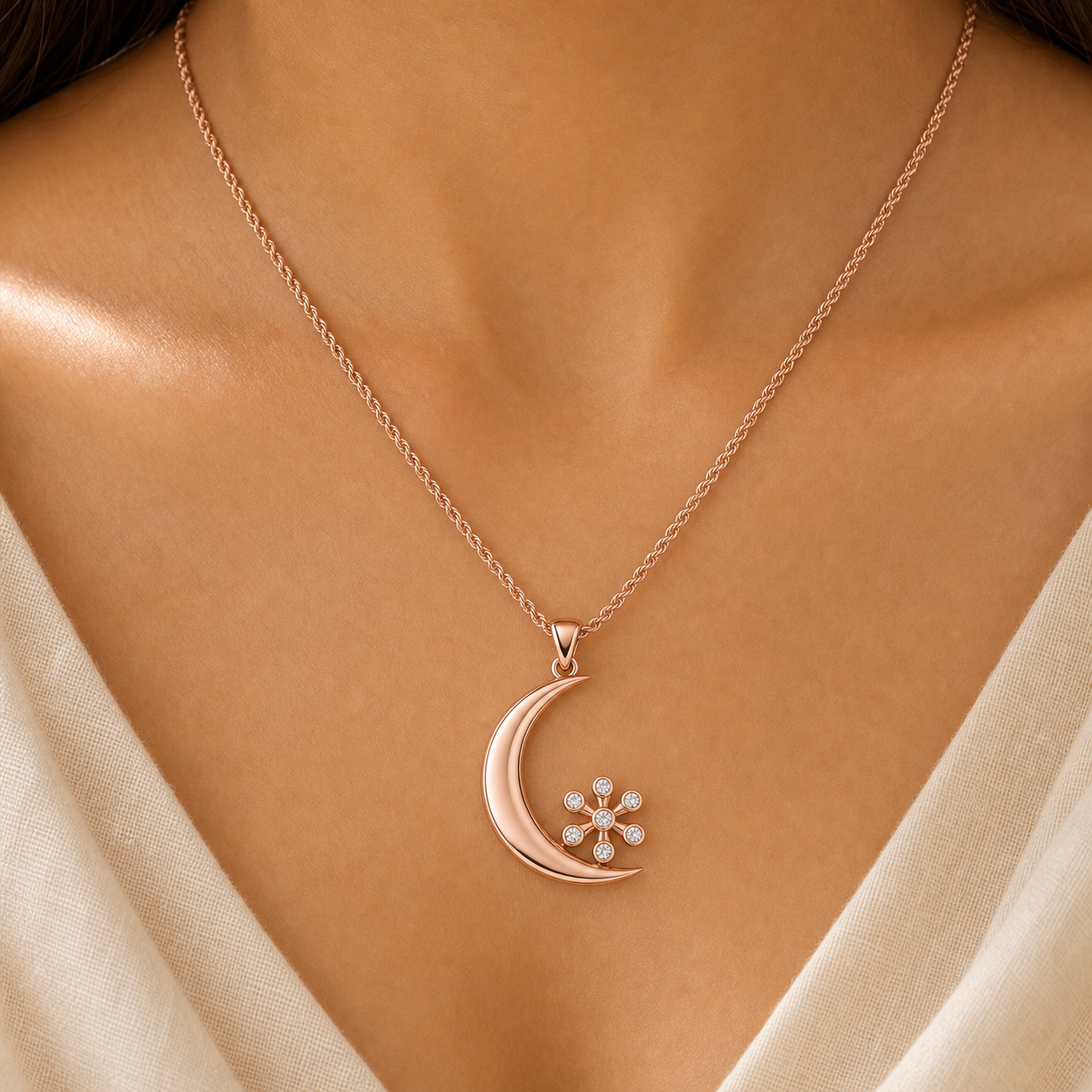 Aurgat Rose Gold Flower and Moon Pendant