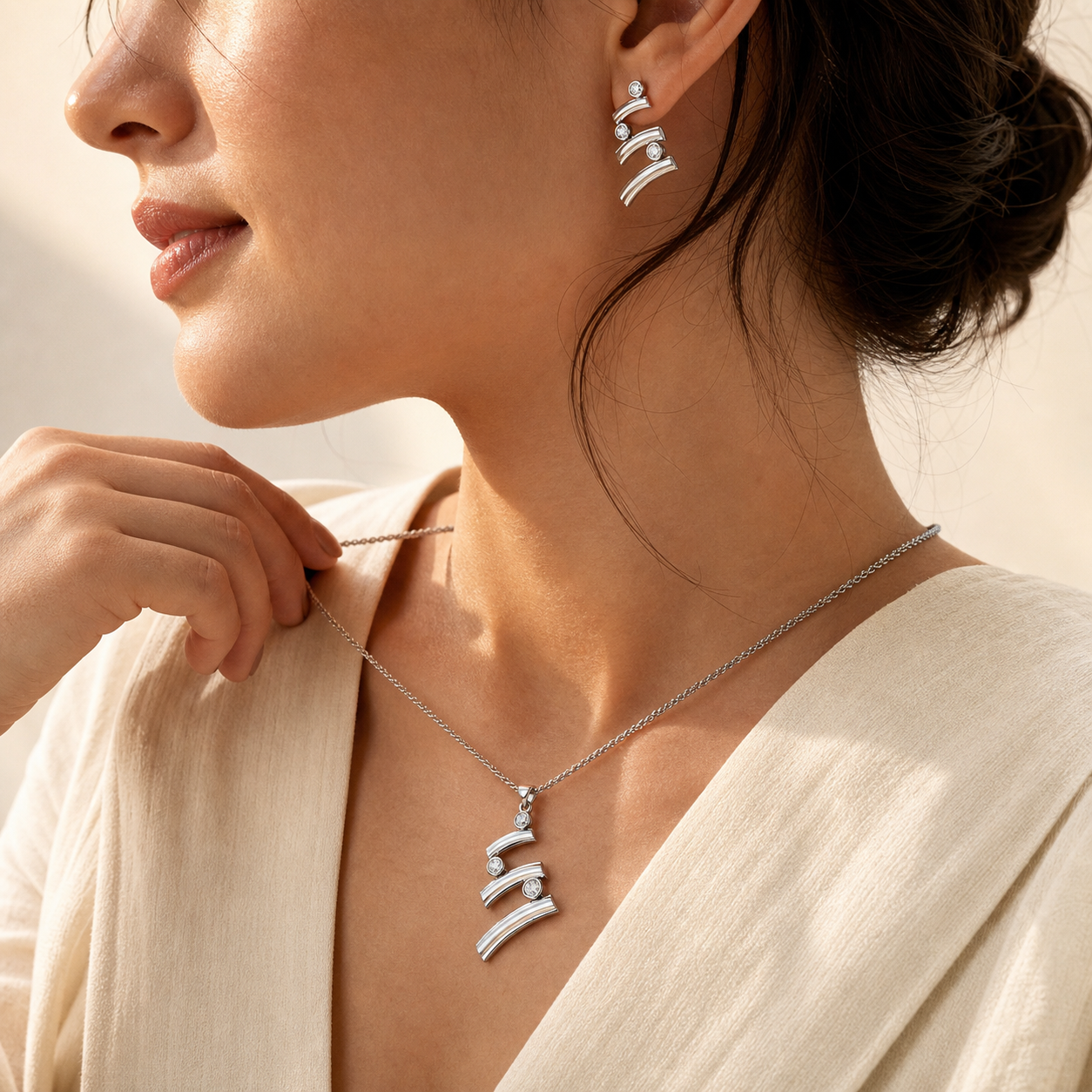 Aurgat Zircon Connected Layers  Sterling Silver Pendant Set - image 4