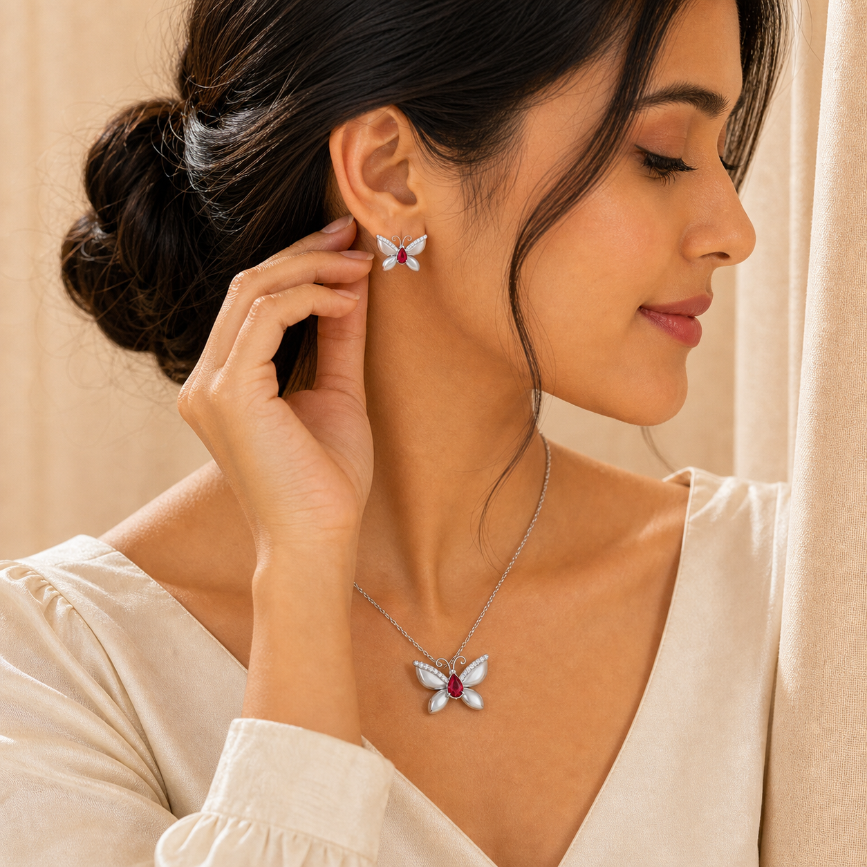 Aurgat Charming Red Butterfly Sterling Silver Pendant Set - image 4