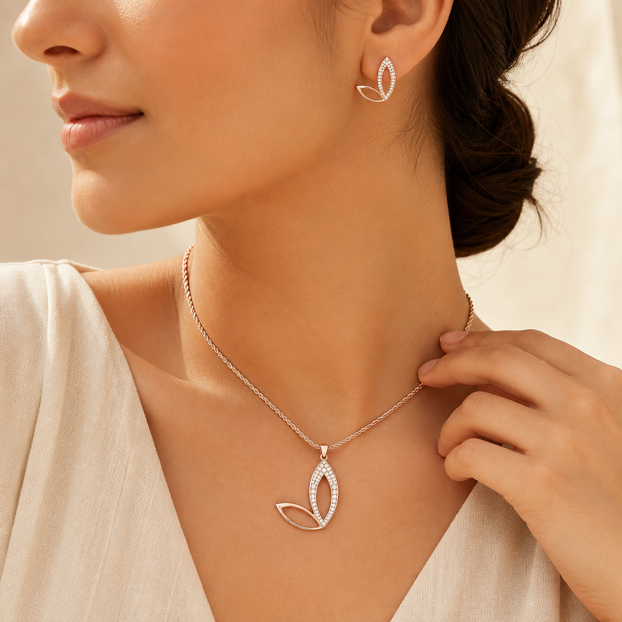 Aurgat Queenly Tea Leaf Drop Rose Gold Pendant Set - image 4