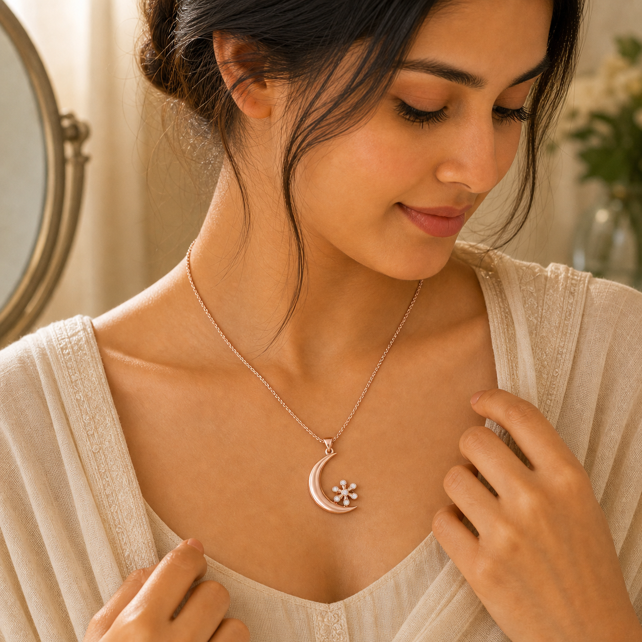 Aurgat Rose Gold Flower and Moon Pendant