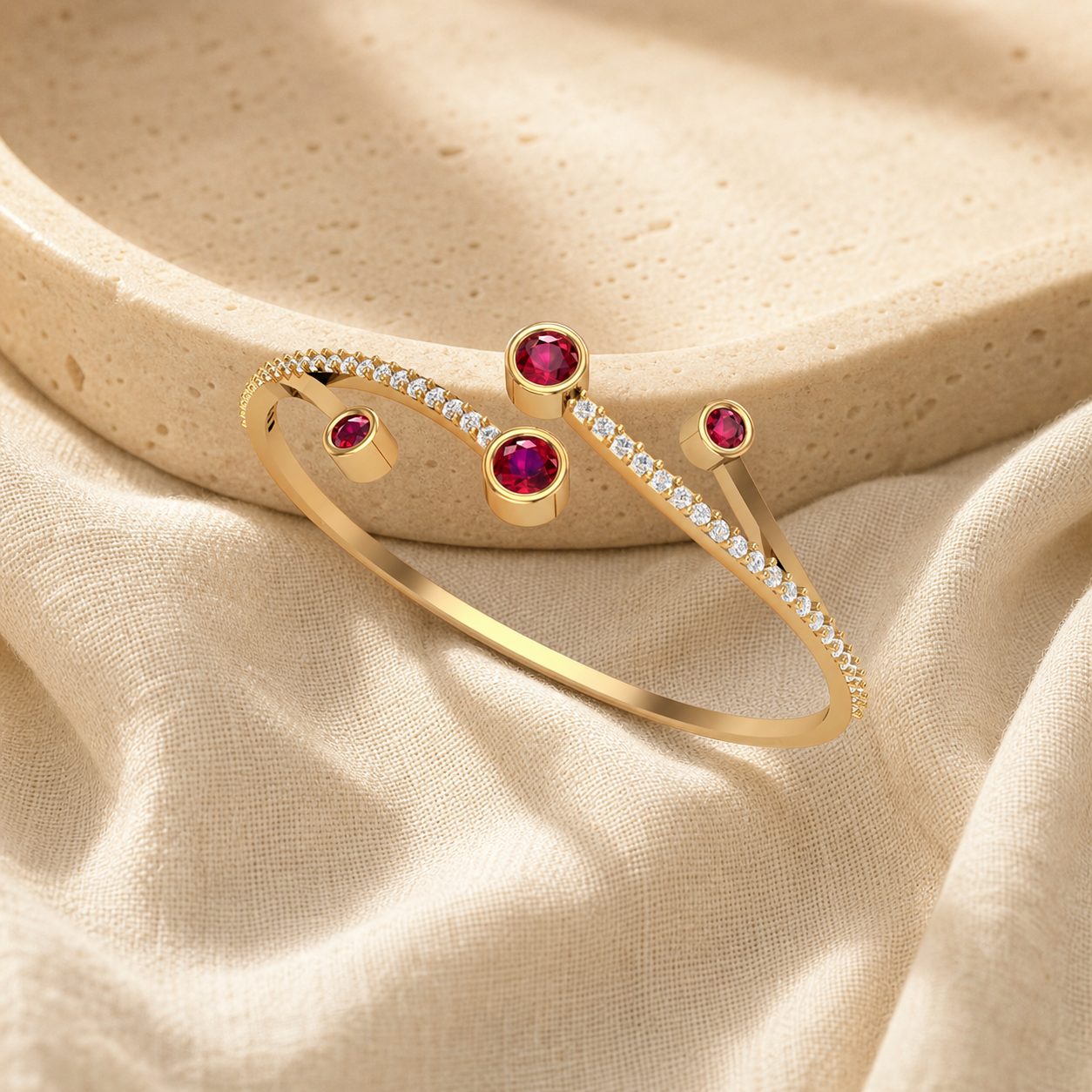 Aurgat 18K Gold Plated Cuff Bracelet With red and Clear Zirconia