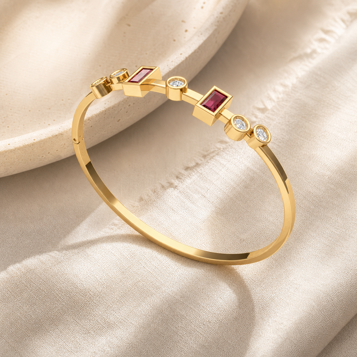 Aurgat 18K Gold plated Bangle Bracelet With Red and Clear Zirconia