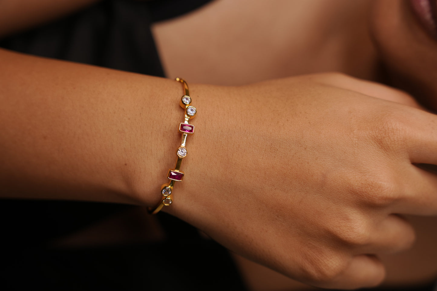 Aurgat 18K Gold plated Bangle Bracelet With Red and Clear Zirconia