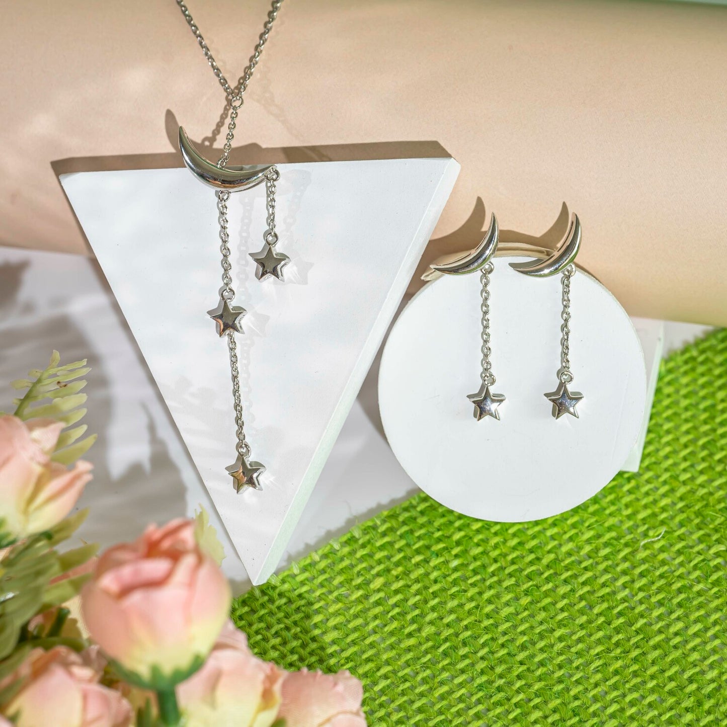 Aurgat Moon And Stars Sterling Silver Pendant Set