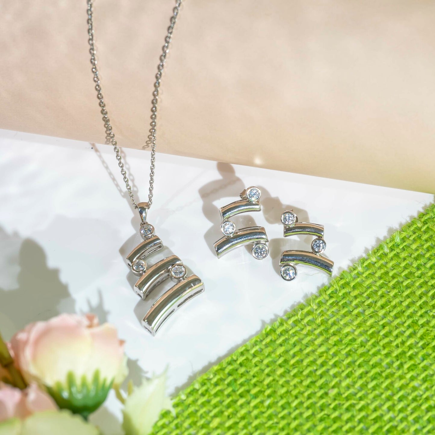 Aurgat Zircon Connected Layers  Sterling Silver Pendant Set