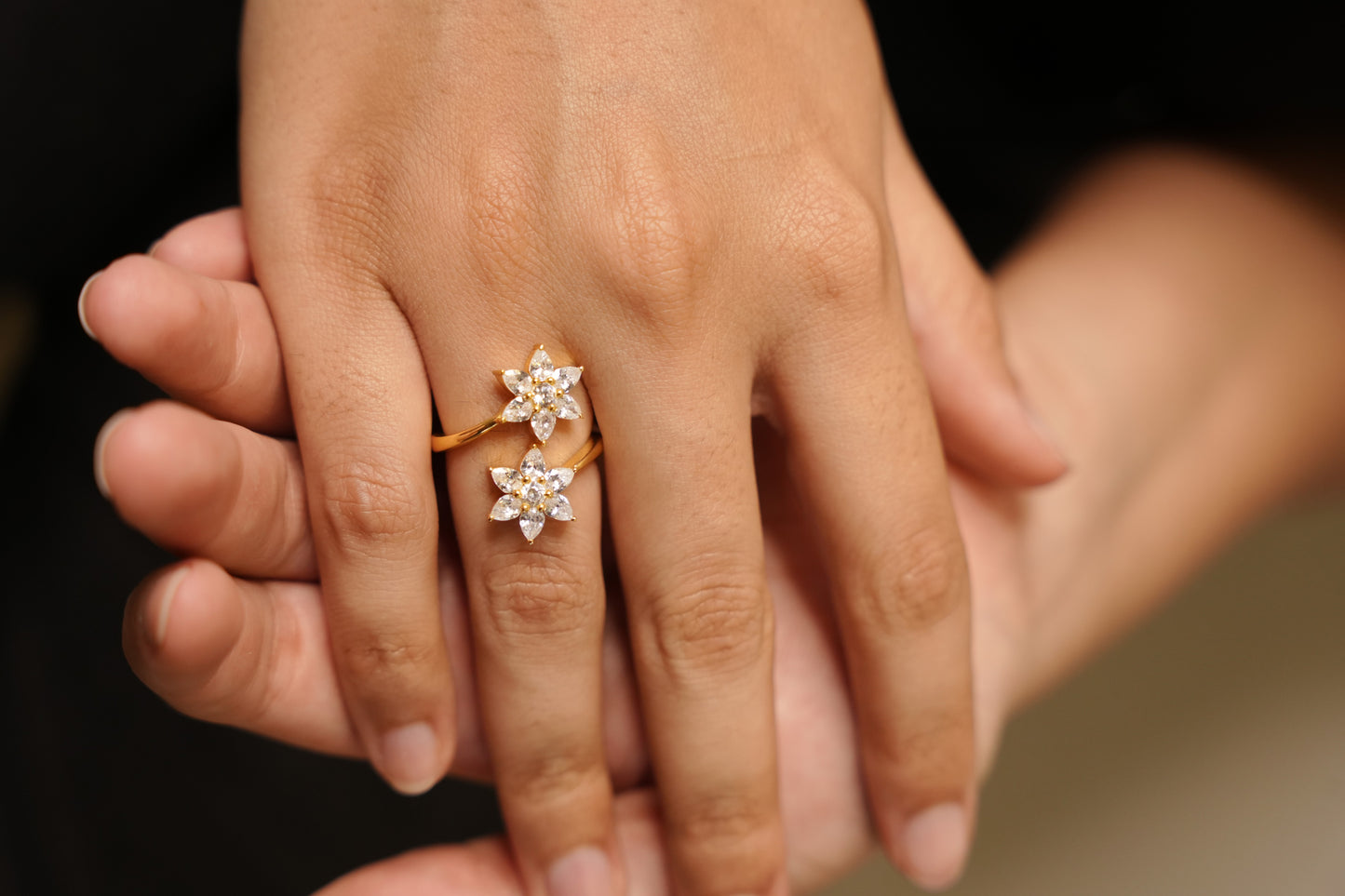 Aurgat Two Zirconia Flower 18K Gold Plated Adjustable Ring
