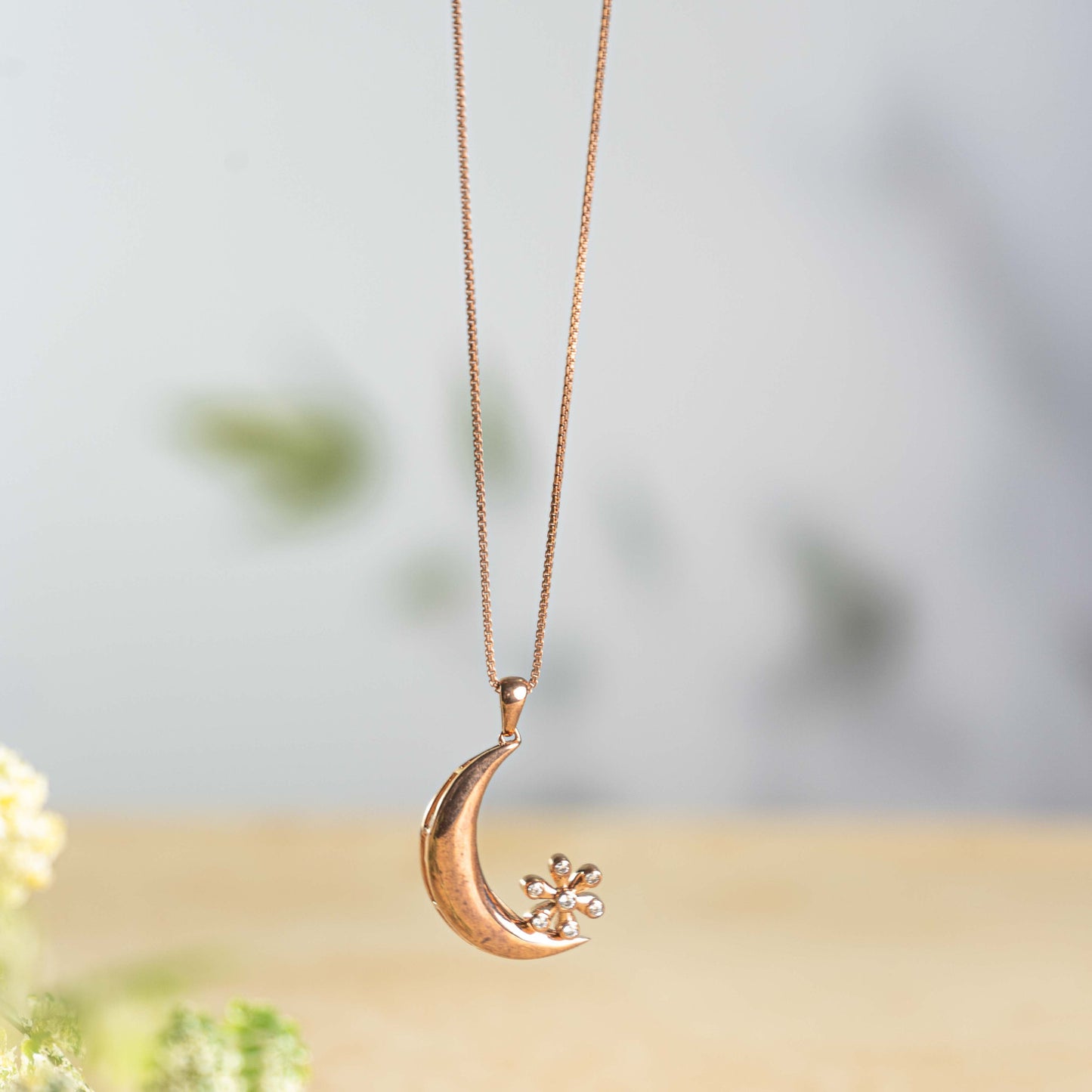 Aurgat Rose Gold Flower and Moon Pendant