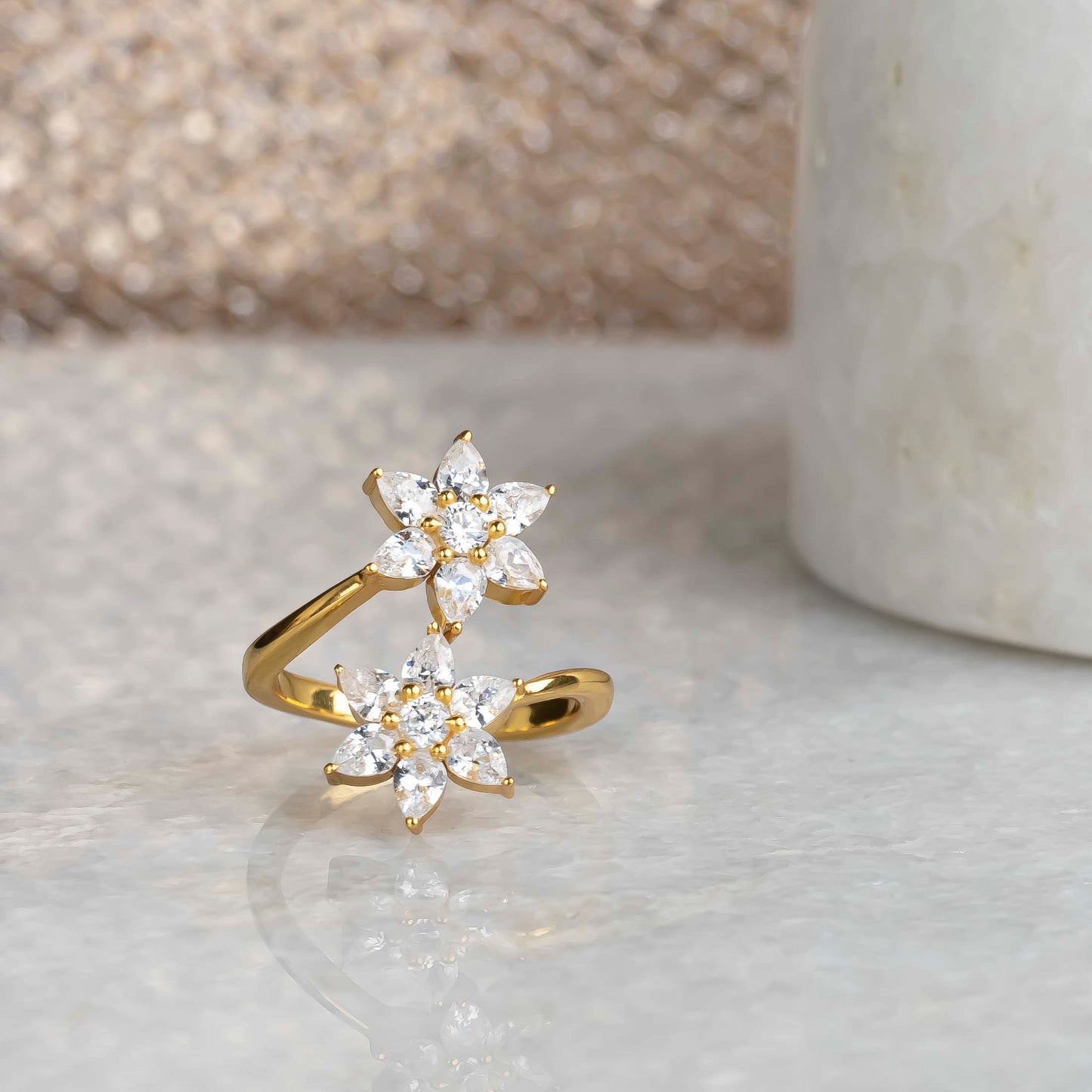 Aurgat Two Zirconia Flower 18K Gold Plated Adjustable Ring