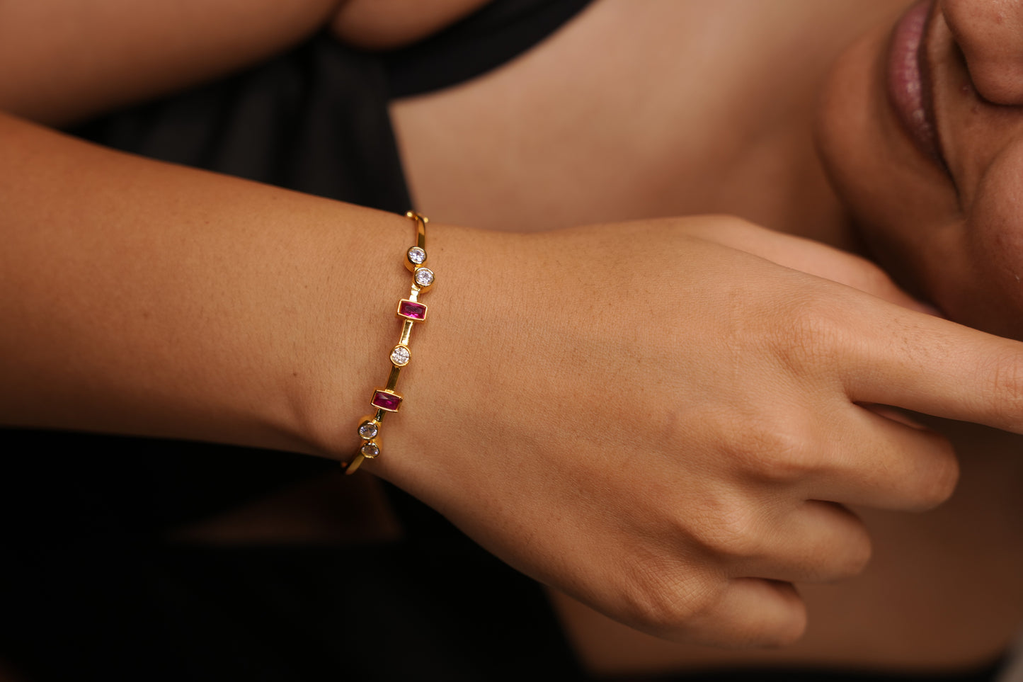 Aurgat 18K Gold plated Bangle Bracelet With Red and Clear Zirconia