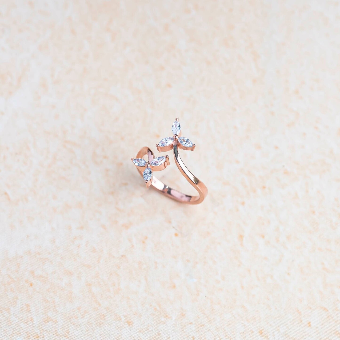 Aurgat Trillium Flower Zirconia Rose Gold Adjustable Ring