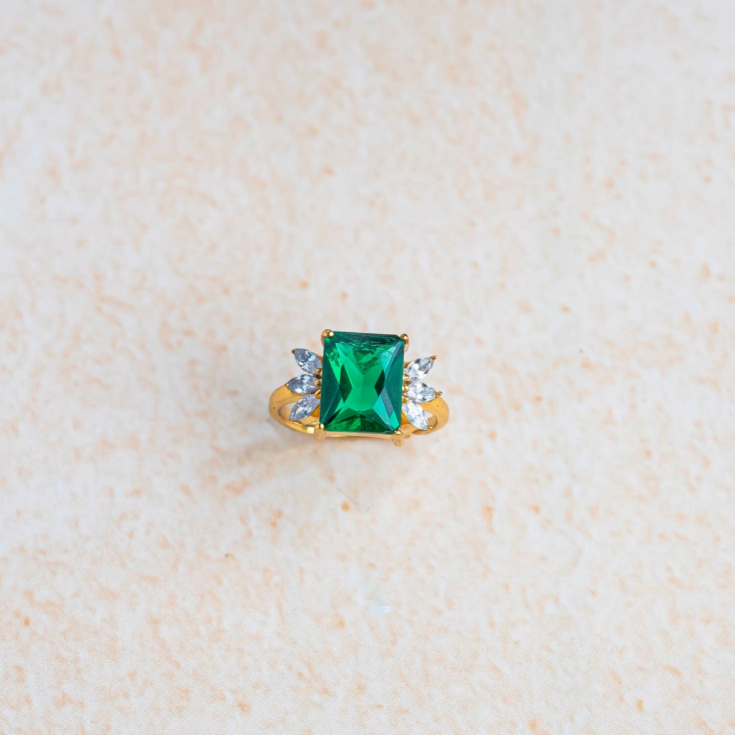 Aurgat Princessly 18K Gold Plated Adjustable Ring With Green Stone