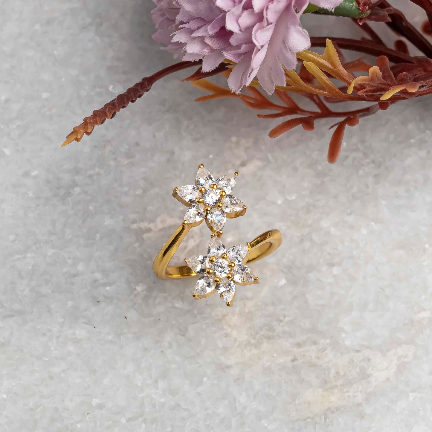 Aurgat Two Zirconia Flower 18K Gold Plated Adjustable Ring