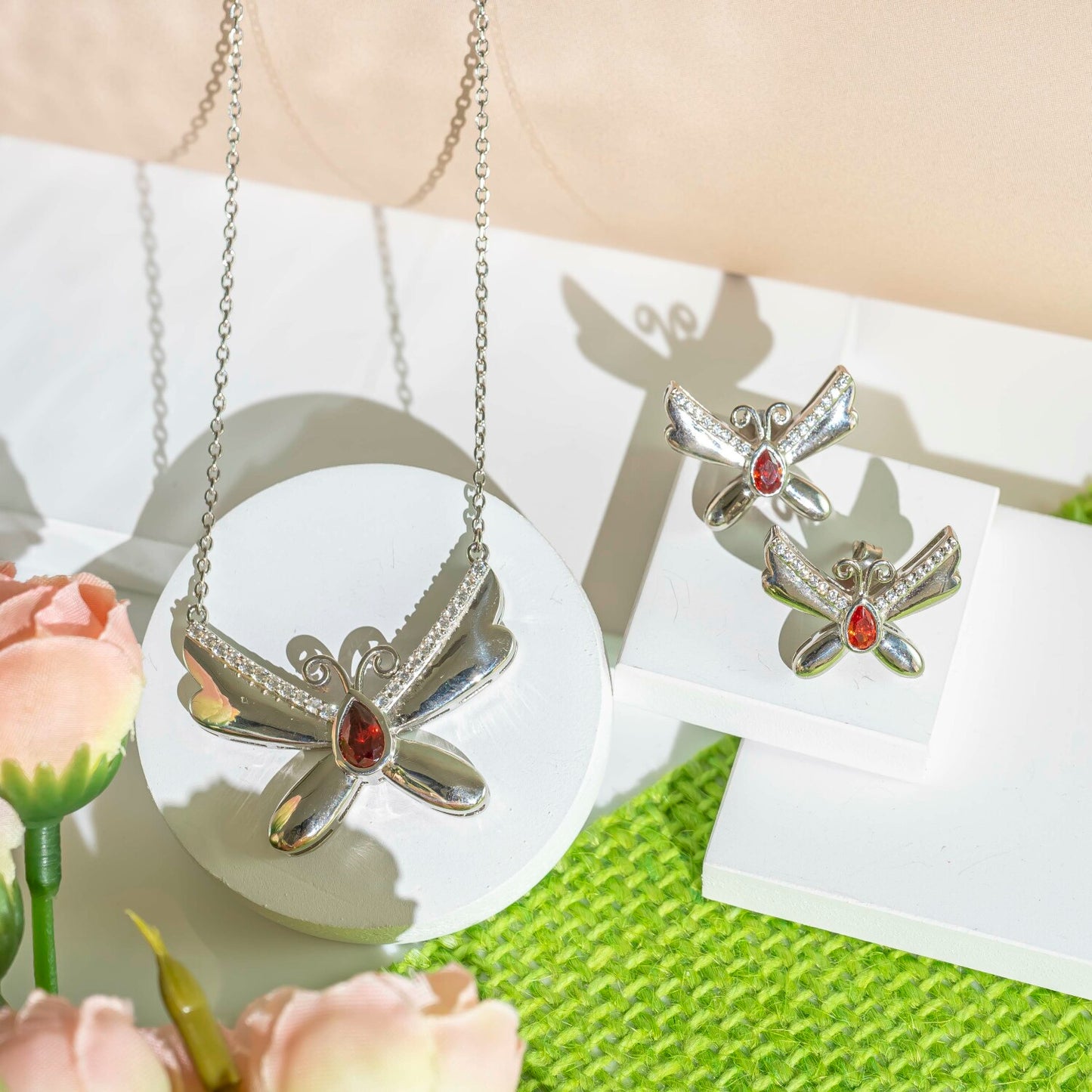 Aurgat Charming Red Butterfly Sterling Silver Pendant Set