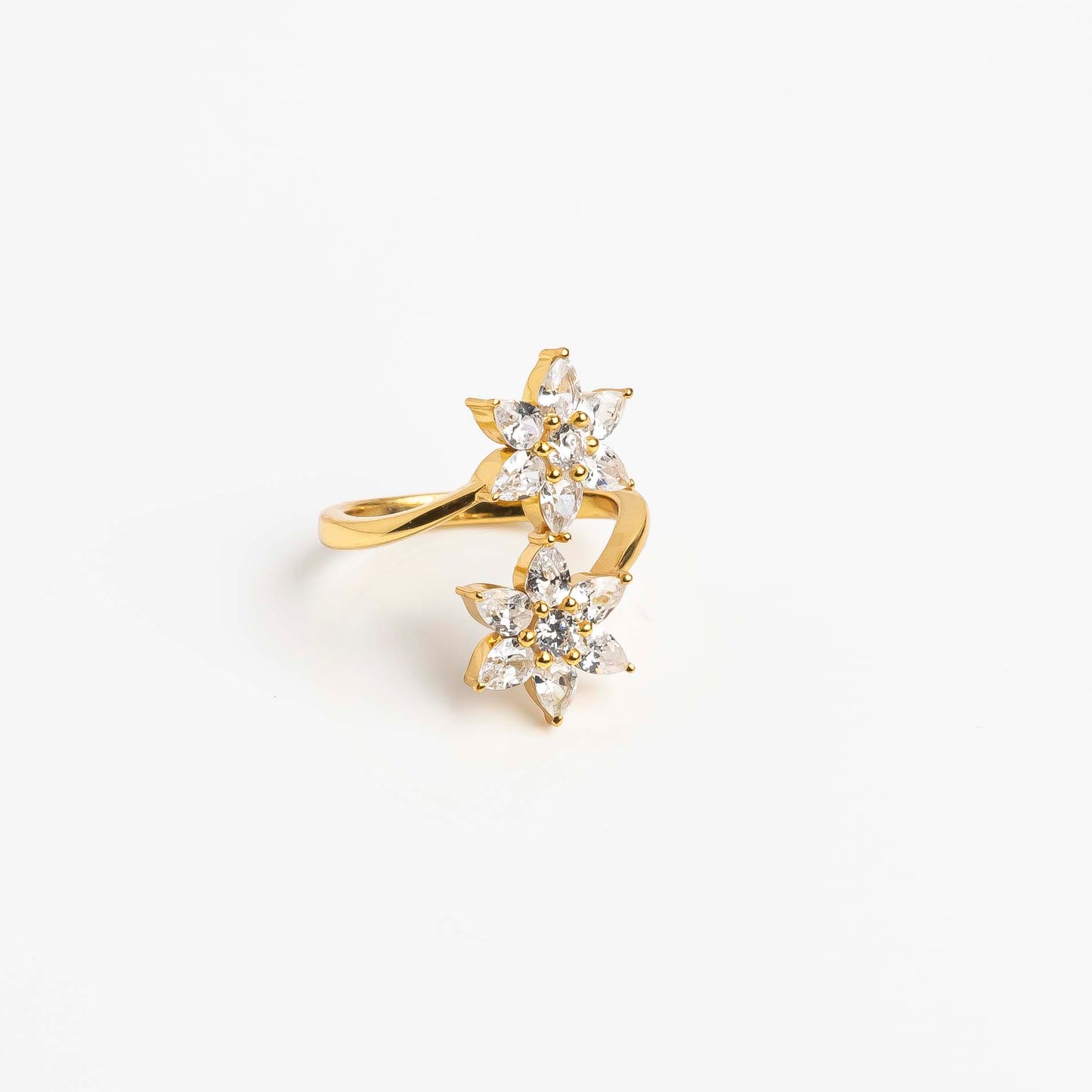 Aurgat Two Zirconia Flower 18K Gold Plated Adjustable Ring